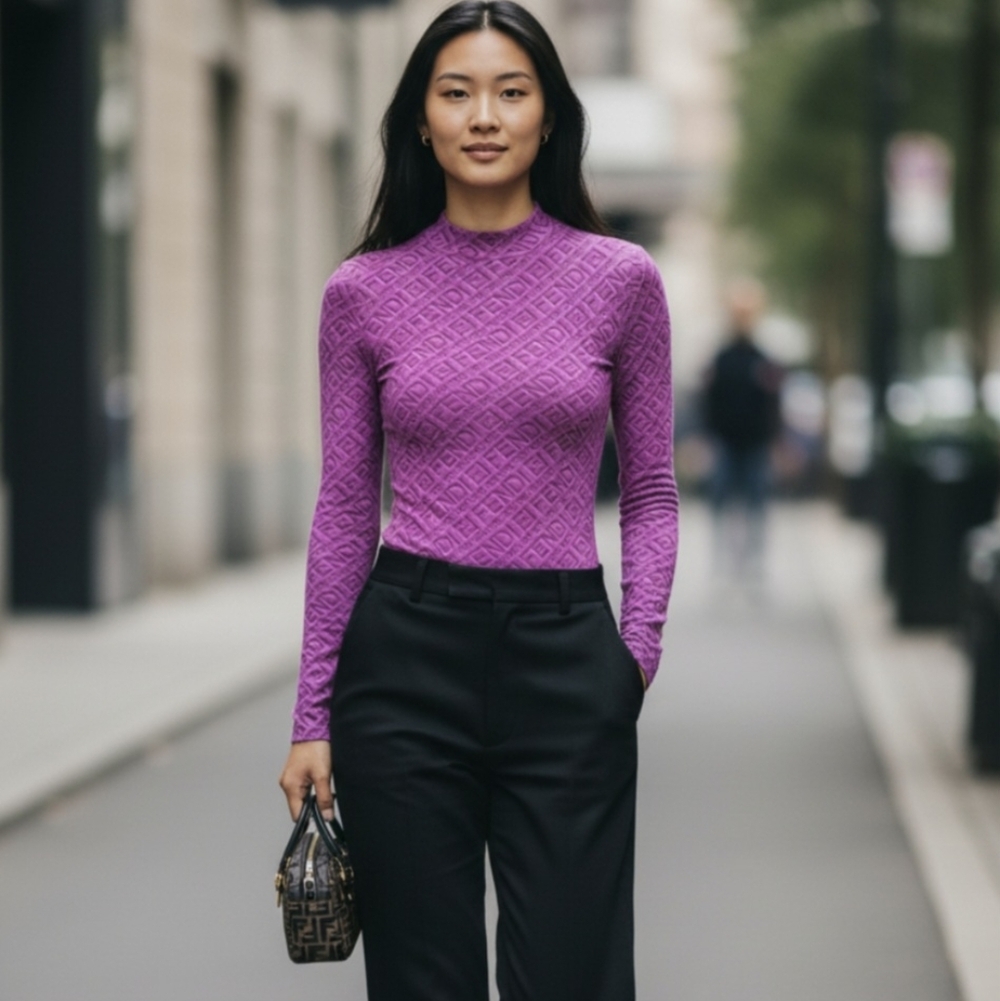 Fendi Purple Long Sleeve Logo-Texture Bodysuit